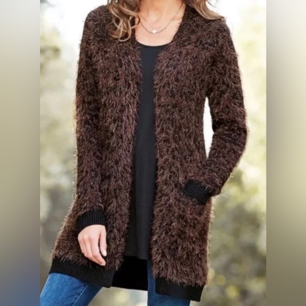 Soft Surroundings Boho Fuzzy Leopard Animal Print Liza Longline Cardigan Sweater